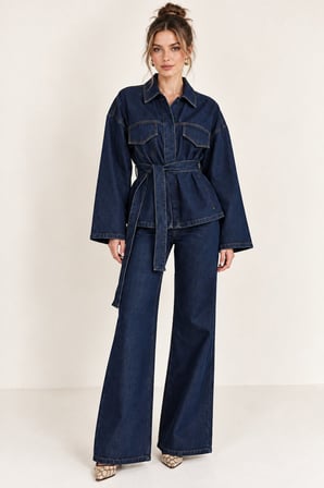 Koyu Mavi Kadın Koyu Mavi Kuşaklı Kot Takım Gömlek Ceket ve İspanyol Paça Pantolon İkili Denim Takım