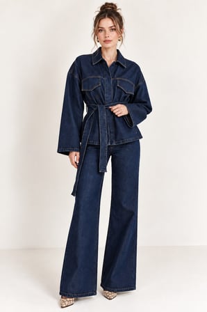 Koyu Mavi Kadın Koyu Mavi Kuşaklı Kot Takım Gömlek Ceket ve İspanyol Paça Pantolon İkili Denim Takım
