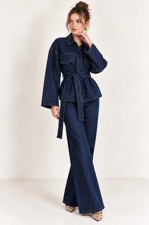 Koyu Mavi Kadın Koyu Mavi Kuşaklı Kot Takım Gömlek Ceket ve İspanyol Paça Pantolon İkili Denim Takım