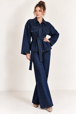Koyu Mavi Kadın Koyu Mavi Kuşaklı Kot Takım Gömlek Ceket ve İspanyol Paça Pantolon İkili Denim Takım
