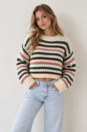 Çok Renkli Kadın Ekru Çizgili Crop Triko Kazak Bisiklet Yaka Oversize Uzun Kollu Örgü Kazak