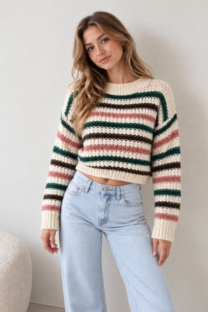 Çok Renkli Kadın Ekru Çizgili Crop Triko Kazak Bisiklet Yaka Oversize Uzun Kollu Örgü Kazak