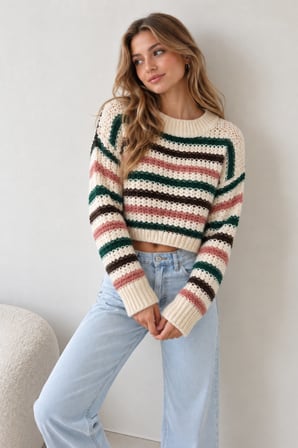 Çok Renkli Kadın Ekru Çizgili Crop Triko Kazak Bisiklet Yaka Oversize Uzun Kollu Örgü Kazak