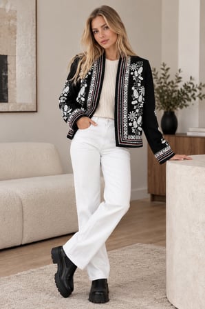 Siyah Kadın Siyah Beyaz Çiçek Nakışlı Ceket Etnik Desenli İşlemeli Şık Blazer Ceket