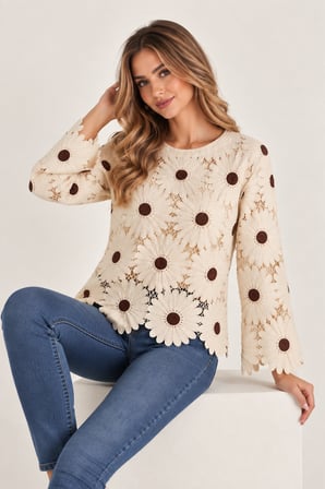 Ekru Kadın Ekru Kahverengi Papatya Motifli Dantel Bluz Ajurlu Uzun Kollu Örgü Üst