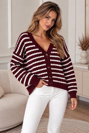 Bordo Kadın Çizgili Oversize Triko Hırka V Yaka Düğmeli Uzun Kollu Örgü Hırka