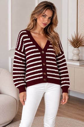 Bordo Kadın Çizgili Oversize Triko Hırka V Yaka Düğmeli Uzun Kollu Örgü Hırka