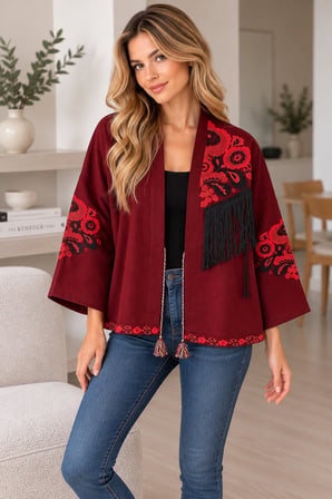 Bordo Kadın Nakışlı Ceket Etnik Desenli Püskül Detaylı Kimono Ceket