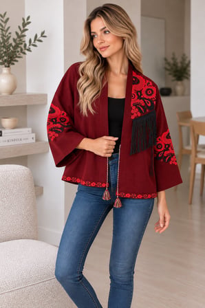 Bordo Kadın Nakışlı Ceket Etnik Desenli Püskül Detaylı Kimono Ceket
