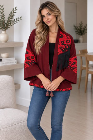 Bordo Kadın Nakışlı Ceket Etnik Desenli Püskül Detaylı Kimono Ceket