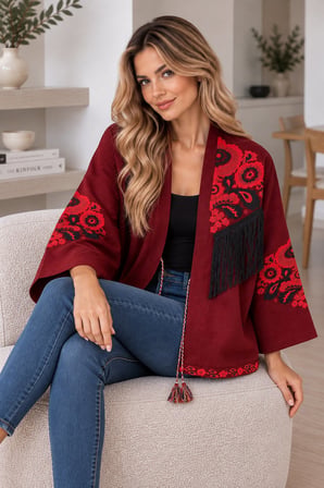 Bordo Kadın Nakışlı Ceket Etnik Desenli Püskül Detaylı Kimono Ceket