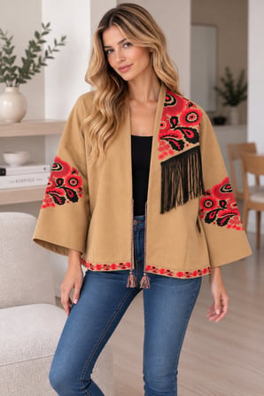 Camel Kadın Nakışlı Ceket Etnik Desenli Püskül Detaylı Kimono Ceket