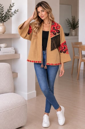 Camel Kadın Nakışlı Ceket Etnik Desenli Püskül Detaylı Kimono Ceket