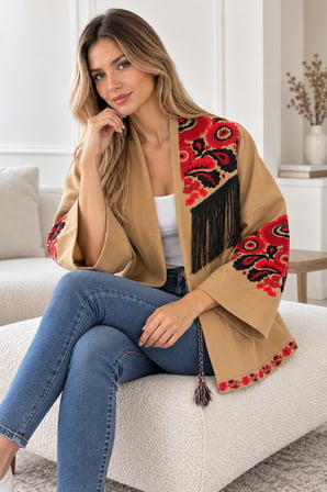 Camel Kadın Nakışlı Ceket Etnik Desenli Püskül Detaylı Kimono Ceket