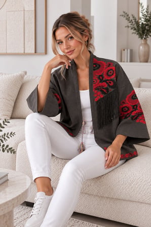 Füme Kadın Nakışlı Ceket Etnik Desenli Püskül Detaylı Kimono Ceket