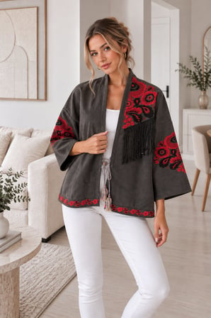 Füme Kadın Nakışlı Ceket Etnik Desenli Püskül Detaylı Kimono Ceket
