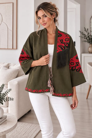 Haki Kadın Nakışlı Ceket Etnik Desenli Püskül Detaylı Kimono Ceket