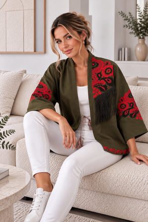 Haki Kadın Nakışlı Ceket Etnik Desenli Püskül Detaylı Kimono Ceket
