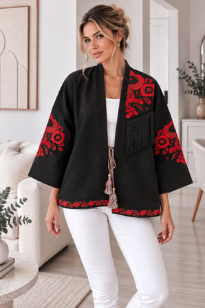 Lacivert Kadın Nakışlı Ceket Etnik Desenli Püskül Detaylı Kimono Ceket