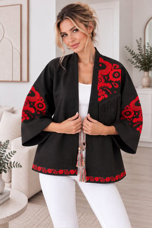 Lacivert Kadın Nakışlı Ceket Etnik Desenli Püskül Detaylı Kimono Ceket