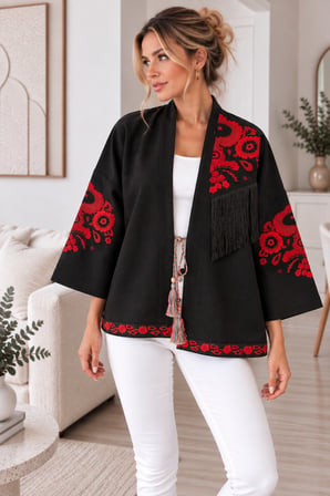 Lacivert Kadın Nakışlı Ceket Etnik Desenli Püskül Detaylı Kimono Ceket