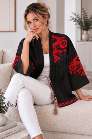 Lacivert Kadın Nakışlı Ceket Etnik Desenli Püskül Detaylı Kimono Ceket