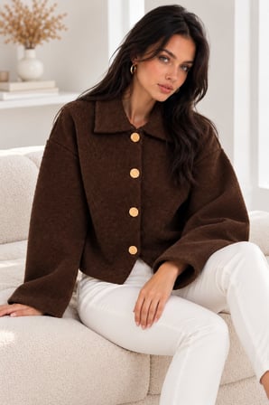 Kahve Kadın Gömlek Yaka Gold Düğmeli Triko Hırka Kendinden Desenli Kısa Kesim Uzun Kollu Kazak