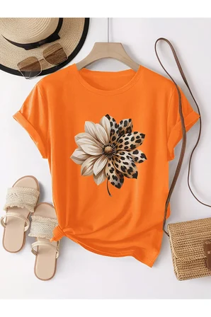 Unisex Leopar Desenli Papatya Baskılı Tasarım Tshirt