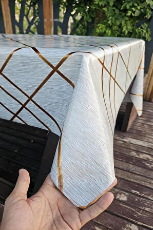 Silinebilir Lüks Su Geçirmez Kaymaz PVC Masa Örtüsü Muşamba Gold Şerit Desenli Sofra Bezi