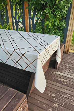 Silinebilir Lüks Su Geçirmez Kaymaz PVC Masa Örtüsü Muşamba Gold Şerit Desenli Sofra Bezi