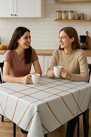 Bej Kırık Beyaz Gold Şerit Desenli Masa Örtüsü – Silinebilir Lüks Muşamba Sofra Bezi