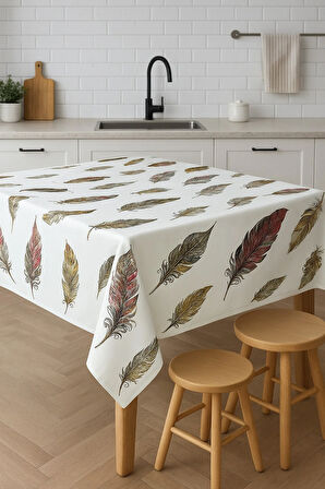 Leke Tutmaz Desenli PVC Masa Örtüsü – Beyaz Üzeri Beyaz Tüy Desen Kaliteli Muşamba Sofra Bezi