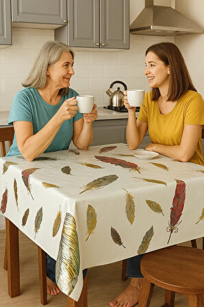 Leke Tutmaz Desenli PVC Masa Örtüsü – Beyaz Üzeri Beyaz Tüy Desen Kaliteli Muşamba Sofra Bezi