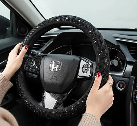 Kadın Sürücülere Özel Full Siyah Taşlı Direksiyon Kılıfı