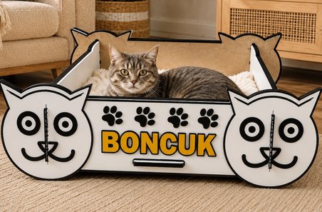 Kedi Figürlü Ahşap Kedi Yatağı 55x42 cm 6 mm MDF – Demonte Tasarım