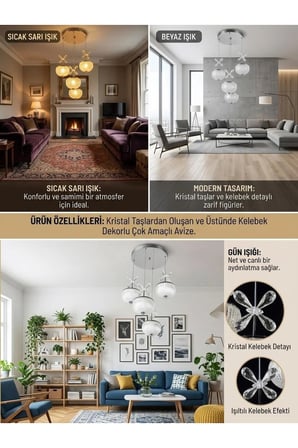 MODERN 4'LÜ 3 RENK IŞIK MODU KROM KAPLAMA sarkıt ledli avize