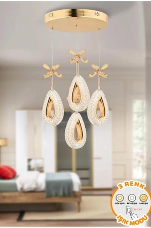 MODERN 4'LÜ DAMLA 3 RENK IŞIK MODU GOLD KAPLAMA sarkıt ledli avize