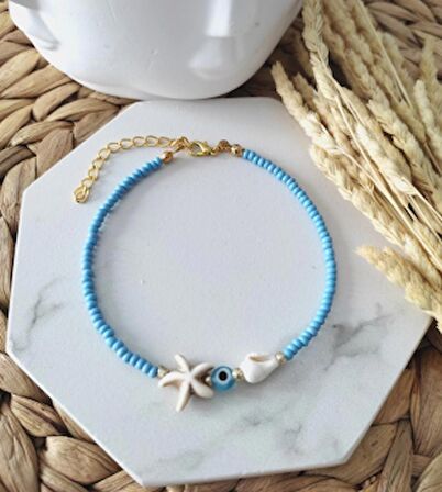 Kadın Mavi Boncuklu Deniz Kabuklu Halhal