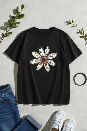 Unisex Desenli Papatya Baskılı Tasarım Tshirt