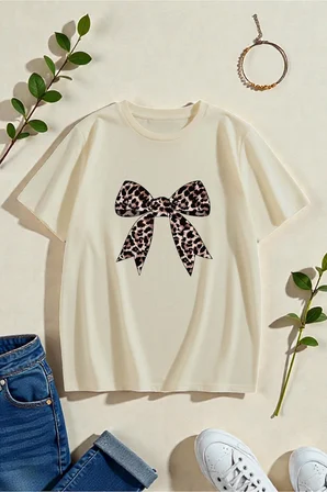 Unisex Leopar Desenli Kurdele Baskılı Tasarım Tshirt