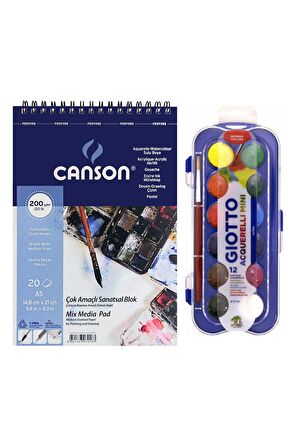 Canson Mix Media Pad Çok Amaçlı Resim Defteri A5 200 Gr 20 Sayfa Giotto Suluboya Seti 23 Mm 12'li