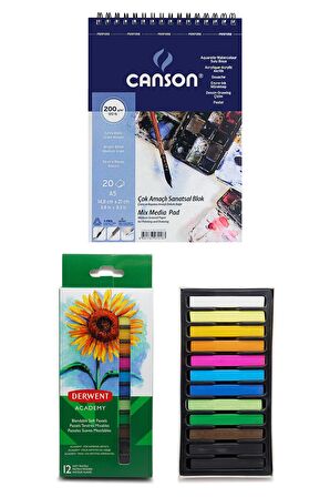 Canson Mix Media Pad Çok Amaçlı Resim Defteri A5 200gr 20 Sayfa Derwent Academy Soft Pastel 12 Renk