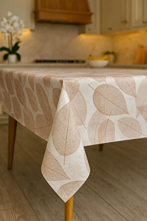 Yaprak Desenli Pvc Kaymaz Elyaf Tabanlı Silinebilir Masa Örtüsü Su Geçirmez Muşamba Sofra Bezi Kahve