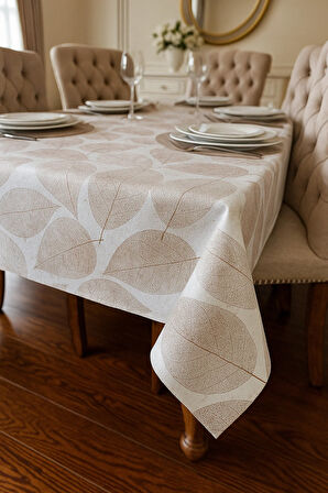 Yaprak Desenli Pvc Kaymaz Elyaf Tabanlı Silinebilir Masa Örtüsü Su Geçirmez Muşamba Sofra Bezi Kahve