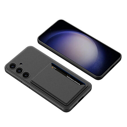 Galaxy S24 Suni Deri Arka Yüzey Sürgülü Kamera Korumalı Kartlıklı Kıpta Silikon Kapak