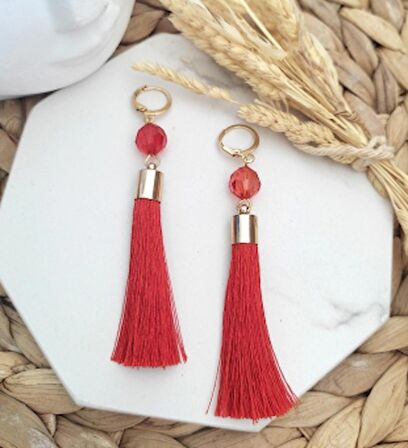 Kristal Kesim Boncuklu Püskül Sallantılı Küpe