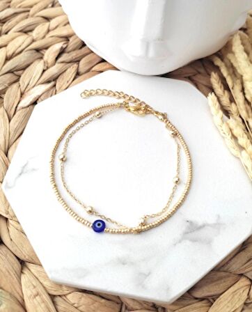 Kadın Gold Renkli Nazar Boncuk Top Zincirli İkili Halhal