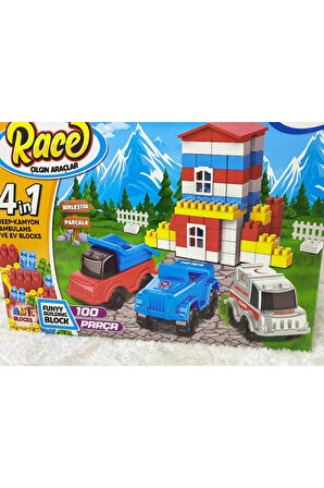 Ant Blok Çılgın Araçlar Eğitici Eğlenceli Zeka Geliştirici Blok Seti 4 İn 1 - 100 Parça