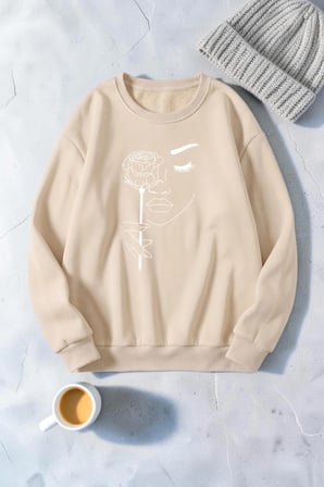 Unisex Gül & Silüet Baskılı Bisiklet Yaka Sweatshirt