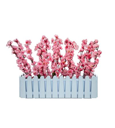 Yapay Çiçek Beyaz Çit Balkon Saksısı Pembe Bahardalı 55*20cm